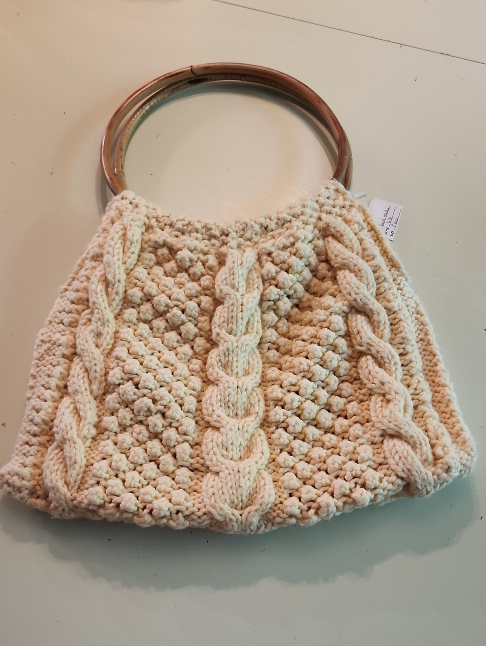 Vintage Cream Cable-Knit Handbag with Wooden Handles